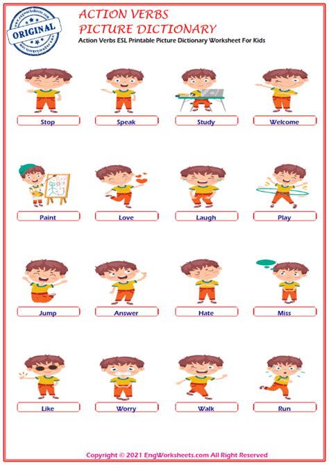 Action Verbs Esl Printable Picture Dictionary Worksheet For Kids