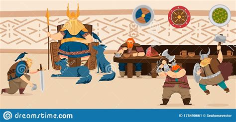 Vikings And Scandinavian Warriors Repast Cartoon Vector Illustration