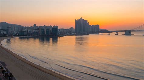 Sunrise View Of Busan South Korea Gwangan Bridge And City Center