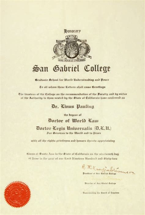 San Gabriel College Diploma Honorary Doctor Of World Law December 15