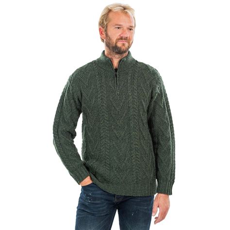 Mens Green Zip Neck Fisherman Aran Sweater 100 Merino Wool