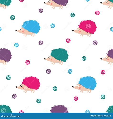 Seamless Vector Pattern With Cute Colorful Hedgehogs Stock Vector