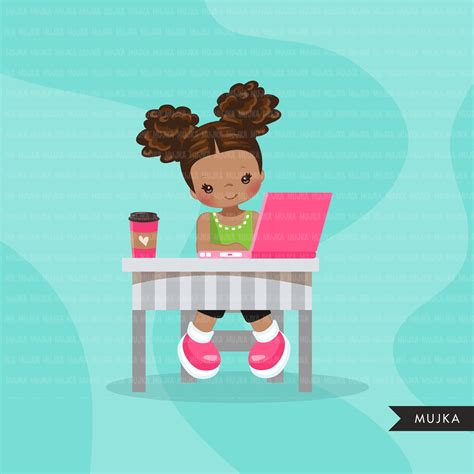 Distant Learning Clipart Black Girls With Pink Laptop