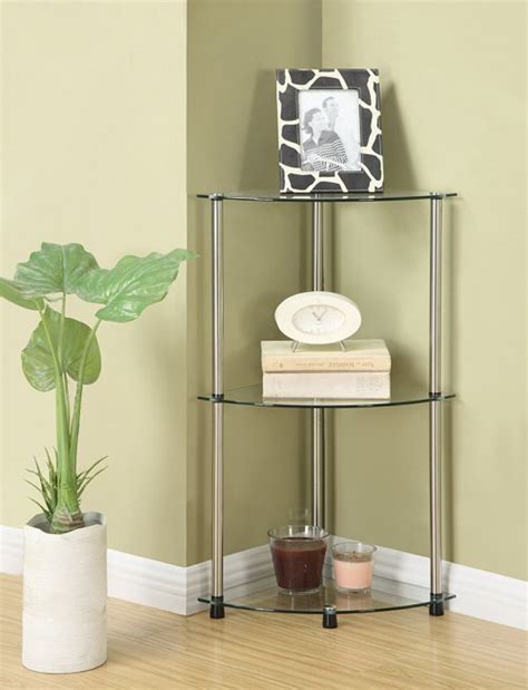 The shelves typically have a curved front and sit flush against the angled walls. Review of Glass-based Bathroom Corner Shelves