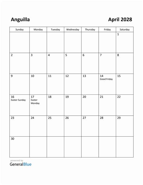 Free Printable April 2028 Calendar For Anguilla