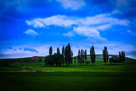Grass Green Landscapes Nature Countryside Trees Sky Clouds Earth House