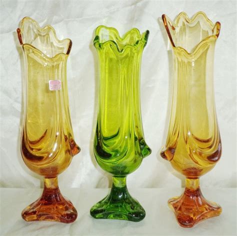 Viking Footed Amberina And Green Stretch Set Of 3 Vases 12 Etsy Viking Glass Antique