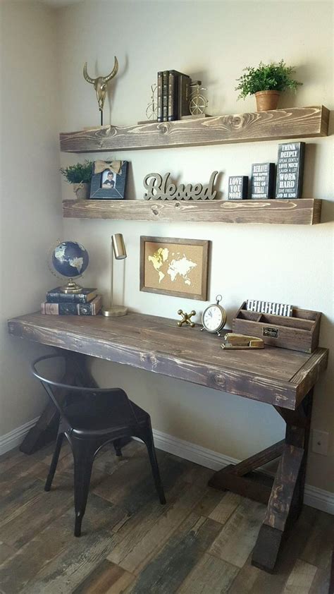 Farmhouse Desk with Floating Shelves | Woodworking in 2019 ... This home office set was designed primarily to provide functionality.