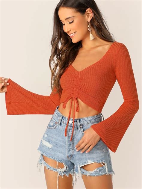 Drawstring Front Bell Sleeve Crop Top Shein Usa Bell Sleeve Crop