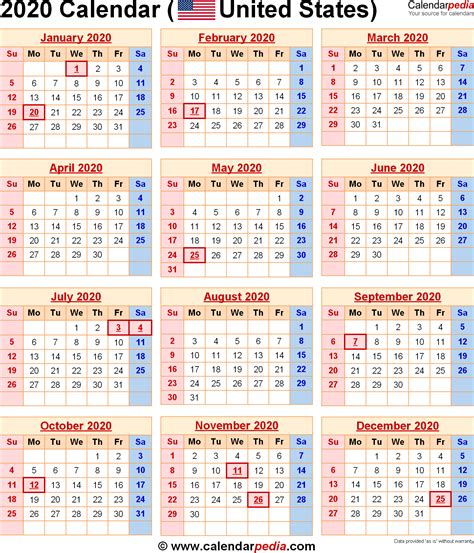 2020 Calendar With Federal Holidays
