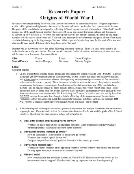 Origins Of World War I Worksheet For 9th 12th Grade Lesson Planet