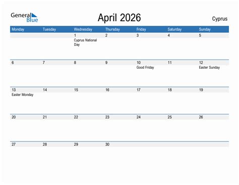 Editable April 2026 Calendar With Cyprus Holidays