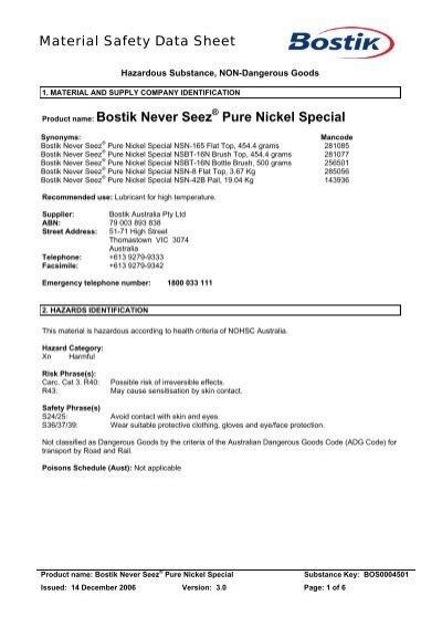 Material Safety Data Sheet Product Name Bostik Houston Controls