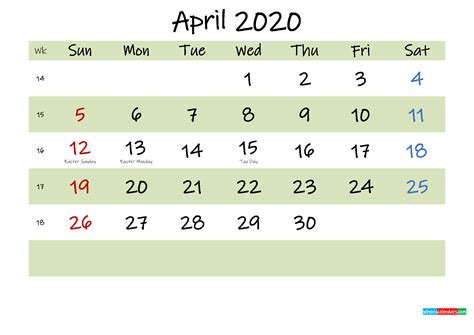 Free Printable April 2020 Calendar With Holidays Template K20m520