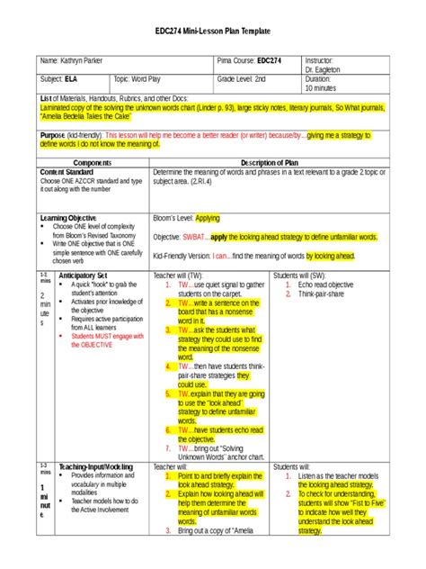 Edc274 Mini Lesson Plan Template 1 Pdf Lesson Plan Cognition