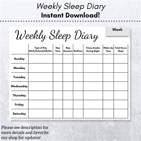 Weekly Sleep Diary Printable Fillable Pdf Instant Digital Etsy