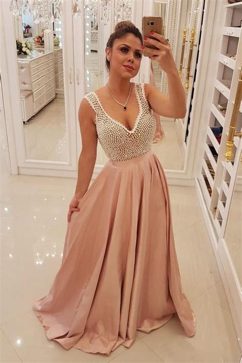 Charming Blush Pink Long Satin Prom Dresses Unique Pearls Formal