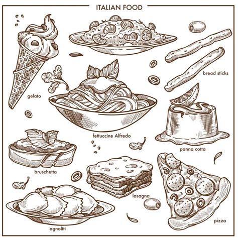 Italian Cuisine Sketch Traditional Food Dishes Of Pasta Spaghetti