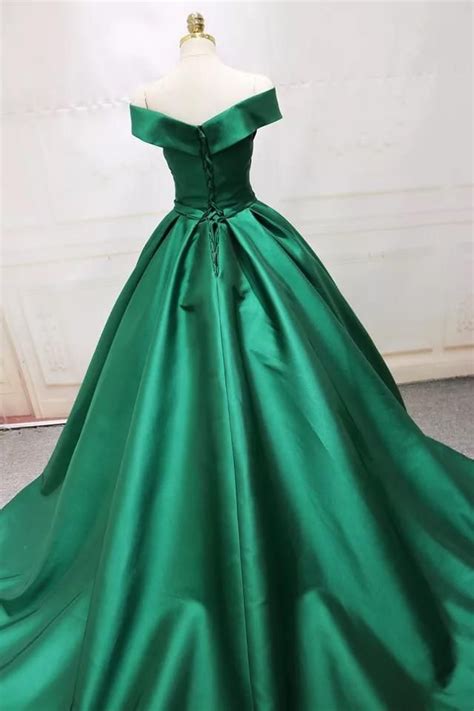 Long Green Satin V Neck Ball Gowns Prom Dresses Off The Shoulder