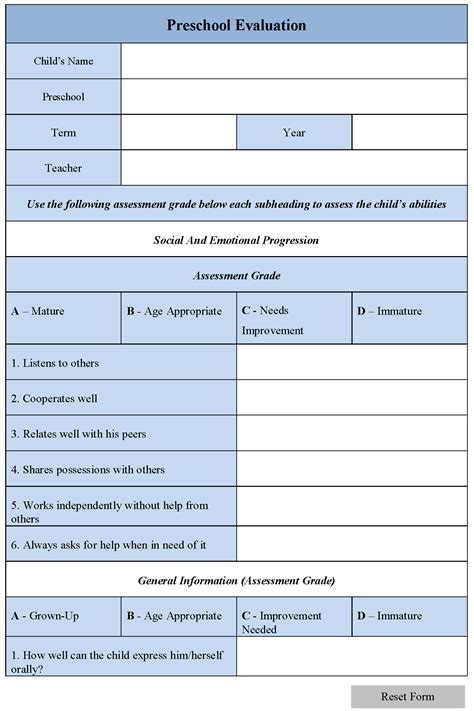 Printable Preschool Evaluation Forms Printable Forms Free Online