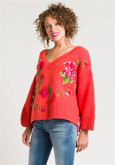Péro Beaded And Embroidered Flower Sweater In Coral Santa Fe Dry Goods