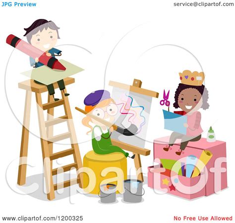 Cartoon Of Arts And Crafts Children By A Ladder Royalty Free Vector