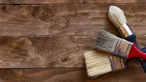 Paint Brushes On A Wooden Table Stock Photo Image Of Drill Addition