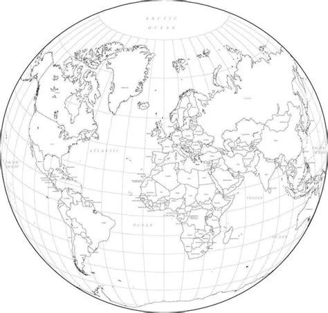 World Black And White Map With Countries Circular Projection