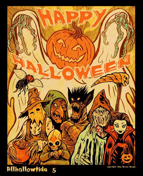 An Old Fashioned Halloween Poster With People Dressed Up As Witches And
