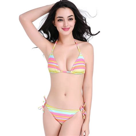 Gaya Asia Tenggara Swimmart Baru Segar Warna Rainbow Stripe Nilon Bikini Swimsuit Untuk
