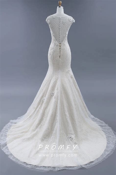 Beaded And Lace 3d Flowers Tulle Cream Wedding Gown Promfy