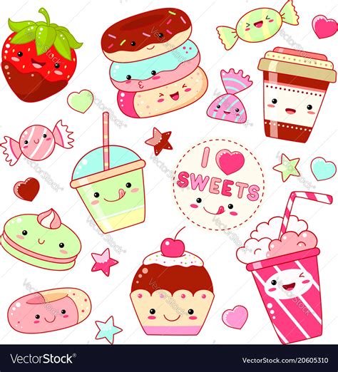 Set Of Cute Sweet Icons In Kawaii Style Royalty Free Vector