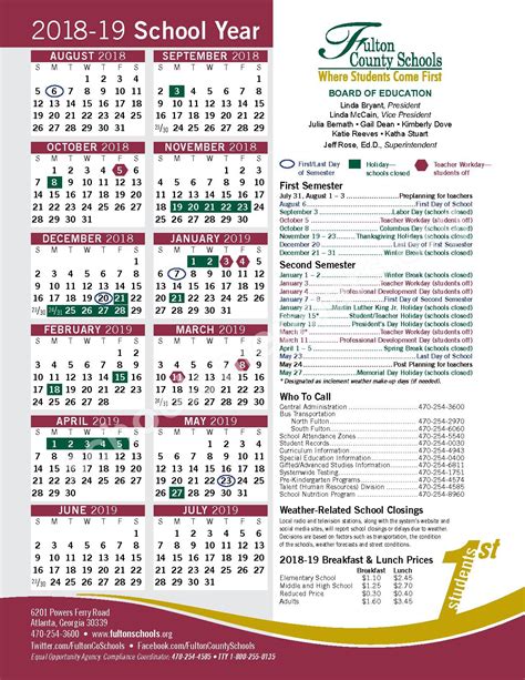 2018 2019 District Calendar Fulton County School District Atlanta Ga