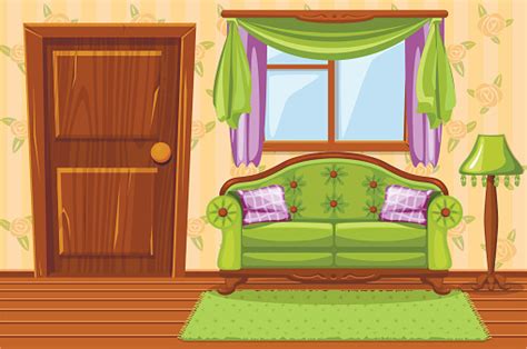 Room interiors in flat design cartoon house. Set Cartoon Green Vintage Cushioned Furniture Living Room Stock Illustration - Download Image ...