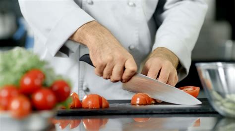Male Chef Hands Cutting Tomato With Knife At Stock Footage Sbv