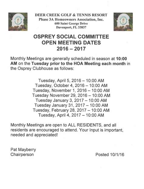 Social Committee Meeting Dates 2016 2017