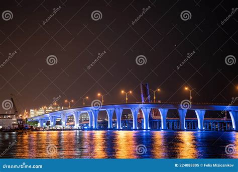 Miami Scene At Night With Neon Blue Bridge Port Editorial Image Image