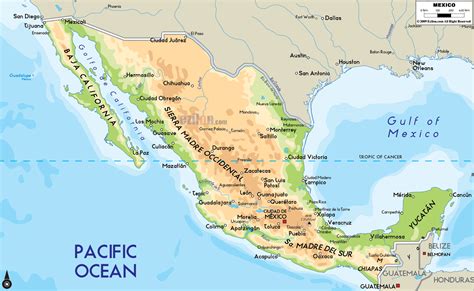 Large Physical Map Of Mexico With Major Cities Mexico North America