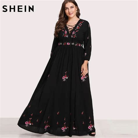 buy shein black dresses large sizes sexy lace up front flower embroidered maxi