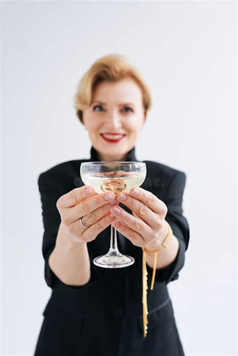 Mature Stylish Elegant Woman In Tuxedo With Glass Of Sparkling Wine Stock Image Image Of