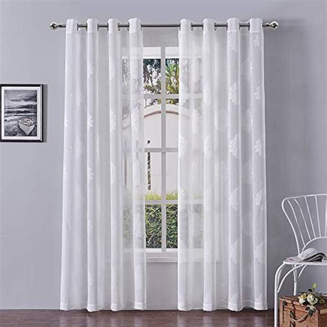 Jacquard White Sheer Curtains Faux Linen Grommet Voile Bedroom Window