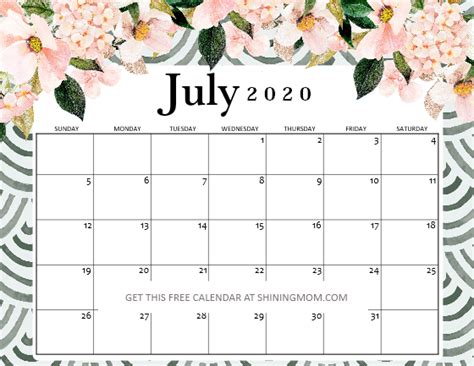 Free Printable July 2020 Calendar 12 Awesome Designs