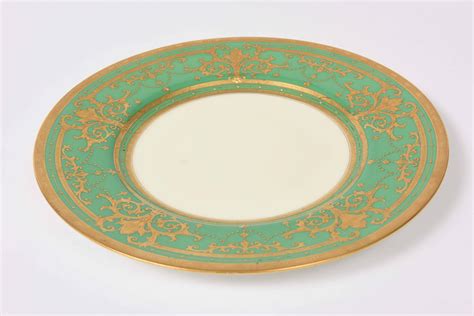 12 Elaborate Gilt Encrusted Antique Green And Gold Dinner Plates By
