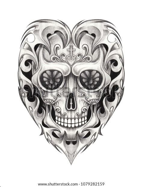 Art Sugar Skull Mix Heart Tattoo Stock Illustration 1079282159