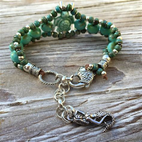 Mermaid S Treasure Sea Turtle Beaded Bracelet In Turquoise Etsy