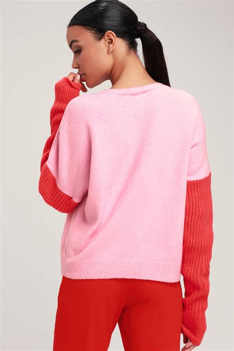 Cute Pink And Red Sweater Colorblock Sweater Two Tone Sweater