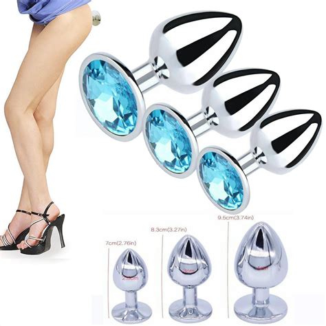 blue diamond anal butt toys plug round insert jeweled gem metal 3 size set s m l ebay
