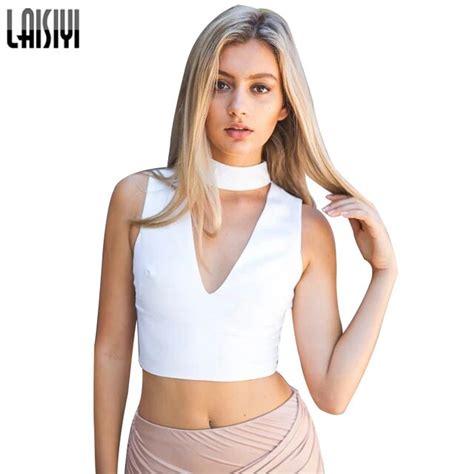 Laisiyi Summer Sexy V Neck Sleeveless High Neck Cropped Sexy Tank Top Women Halter Girls Fitness