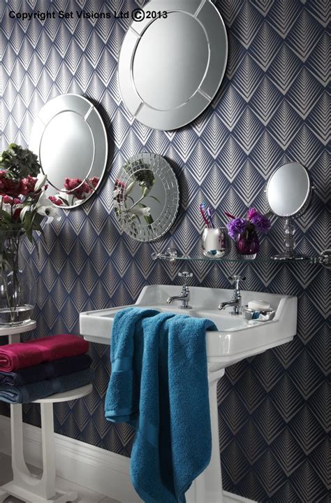 Art deco trend in an inspirational bathroom, metallic wallpaper