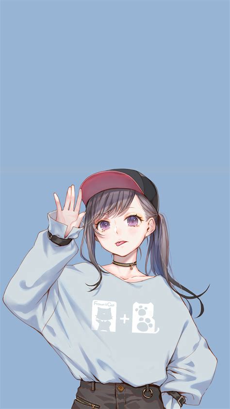 Wallpaper Anime Girls Blue Background Ponytail Baseball Cap